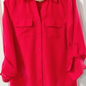 Bright Pink Button-Front Blouse with Chest Pockets